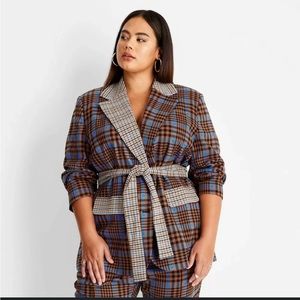 Future Collective X Kahlana Barfield Brown Tie Front Checkered Blazer